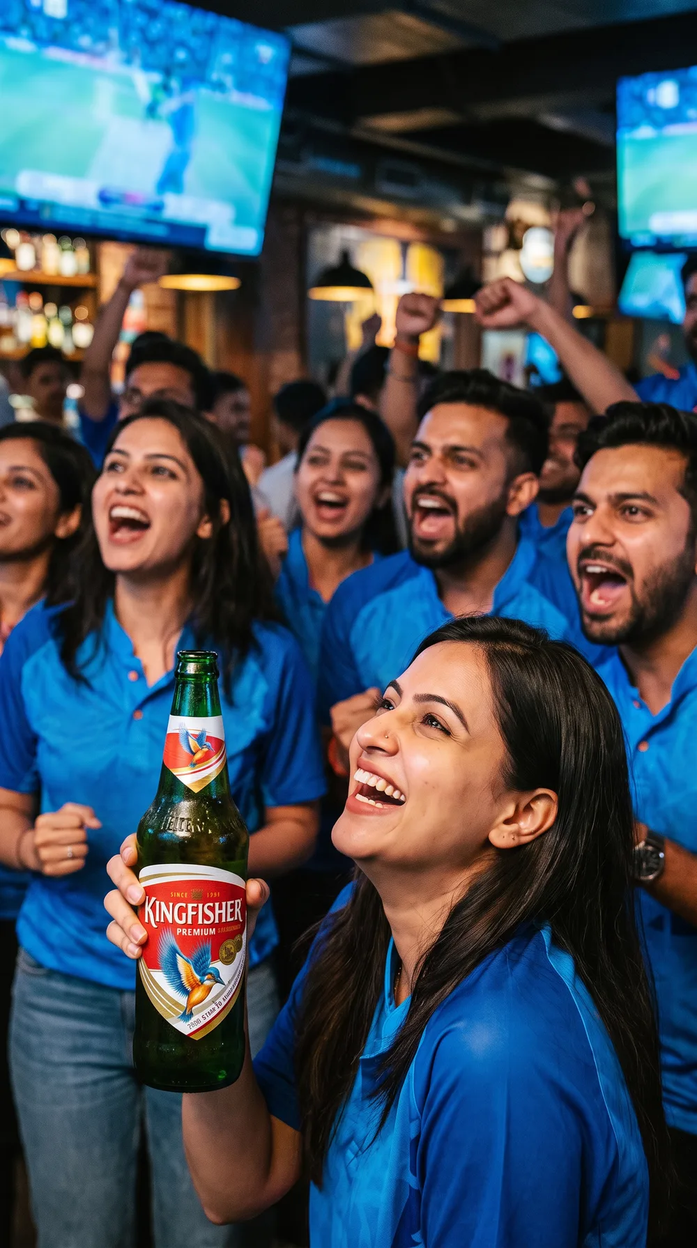 Friends in blue jerseys cheering at a cricket watch party, one holding a Kingfisher