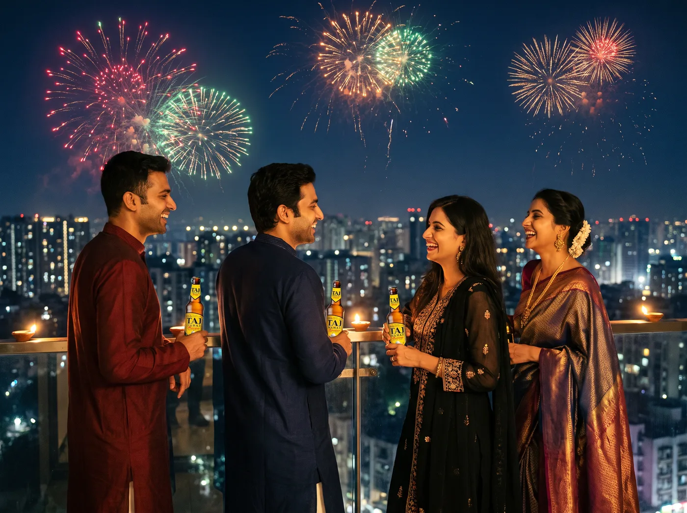 Friends in festive clothes laughing on a balcony with Taj Mahal beers as Diwali fireworks light up the city