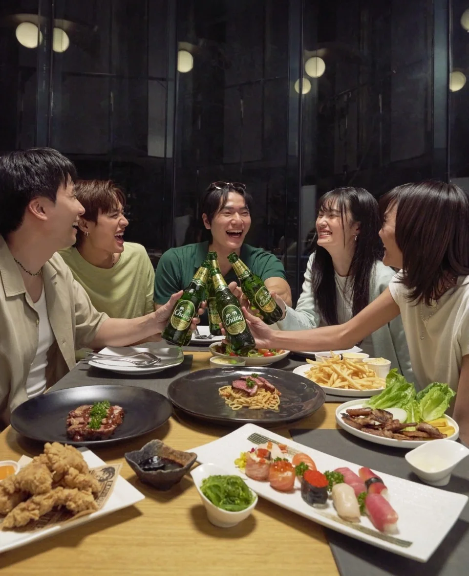 Friends laughing and toasting with bottles of Chang over dinner